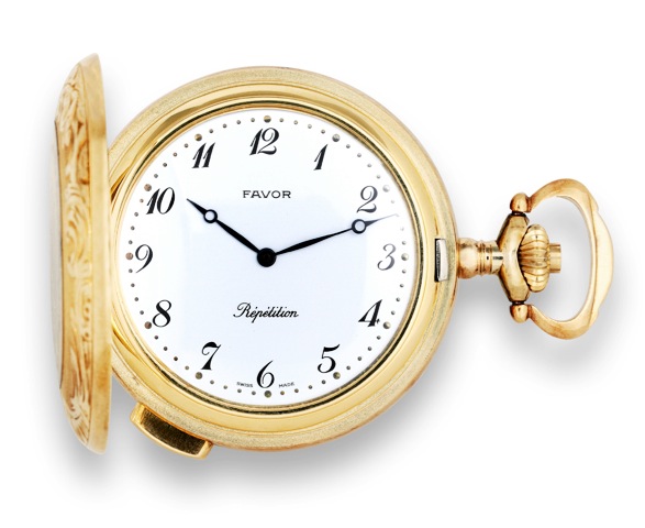 Favor _ Five-Minute Repeating New Old Stock.Pocket Watch.Favor, Swiss. Made in the 1960s..Fine, five-minute repeating, 14K yellow gold, hunting cased keyless.pocket watch.