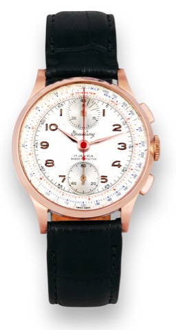 Breitling, 17 Jewels, Shock-.Protected, case No. 708487, Ref. 171..Made in the 1940s..Fine and rare, 18K pink gold wristwatch.with square button chronograph.register, tachometer and telemeter.scales..To be sold without reserve