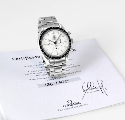 Omega Speedmaster Professional.Omega, Speedmaster Professional, No. 136/500.movement and case No. 48370146, Ref. ST 345.0818. Made in.a limited edition of 500 examples for the Italian market in 1998..Fine and rare, asymmetric, water-resistant, stainless s