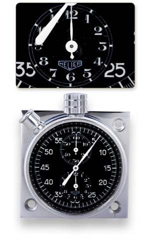 Heuer Dashboard.Chronograph Race Timer.Heuer Autavia, No. 302382. Made in.the 1960s..Fine, chromed dashboard 60-second.chronograph race timer with progressive.registers.