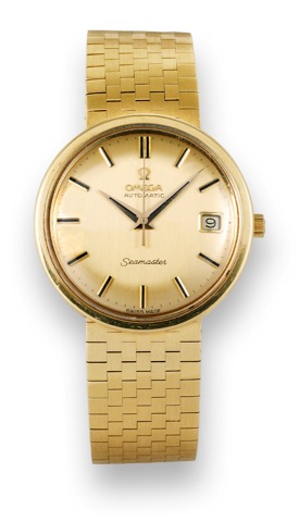Omega gold Seamaster.Omega, Automatic, Seamaster.movement No. 34509245, Ref. 166003..Made in 1967..Fine, water resistant, center seconds.self-winding, 18K yellow gold wristwatch.with date and 18K yellow gold.integrated bracelet..To be sold without reserve