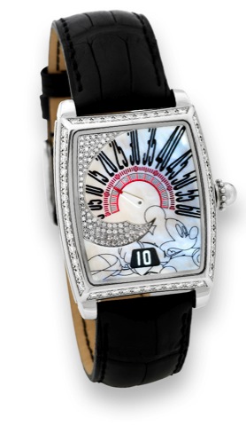 G_rald Genta Fantas y Retro.Mickey Mouse.G_rald Genta, Fantasy r_tro, case No. 121784.Ref. ROF.M.10. Made circa 2006..Fine, tonneau-shaped and curved, jump hour, self-winding.water-resistant, stainless steel and diamond wristwatch with.mother-of-pearl and