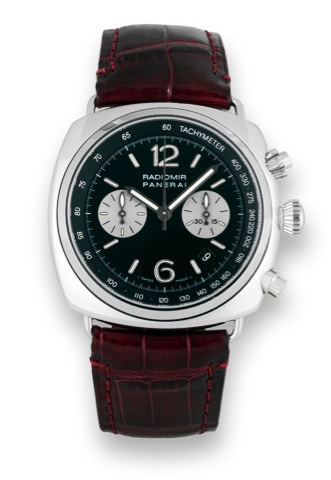 Radiomir Panerai.Officine Panerai Radiomir Chronograph, No. F 034/230.case No. BB1106998, Ref. OP 6596. Made in a limited edition.of 230 examples in 2003..Very fine, large, cushion-shaped, water-resistant to 100.meters, stainless steel diver