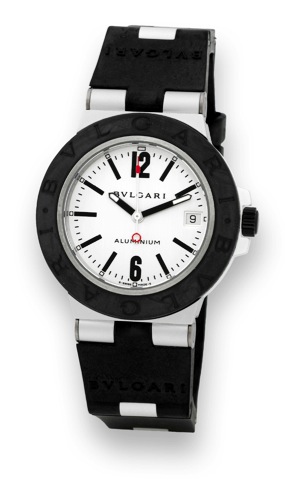 Bulgari -.Aluminum Rubber.Bulgari, Aluminum and Rubber.Automatic, case No. M 61899, Ref. AL.38 TA. Made in the late 1990s..Fine, self-winding, water-resistant.aluminum and rubber wristwatch with.date on a hinged rubber and aluminum.strap and aluminum Bu