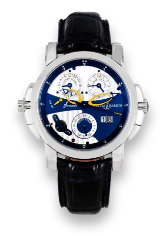 Ulysse Nardin Sonata Cathedral Dual Time.Ulysse Nardin, Sonata Cathedral Dual Time, No. 316.Ref. 660-88. Made in the 2000s. Production of this reference.started in 2003..Very fine and unusual, large, thick, center seconds, two.crowns, self-winding, water-