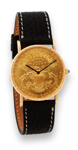 Corum 20 Dollar coin.Corum, Coin Watch, Ref. 8855. Made.in the 1990s..Fine, thin, 18K yellow gold quartz.wristwatch inserted in a $20 US gold coin.dated 1904..To be sold without reserve