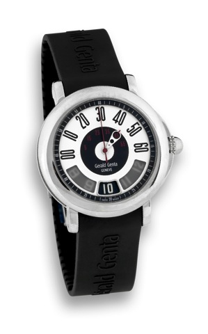 GERALD GENTA RETRO SPORT.Retro Sport G_rald Genta, Retro Sport, case No. 108800, Ref. RSP. X. 10. Made in 2010..Fine, jump hour, center seconds, self winding, water-resistant, stainless steel wristwatch with retrograde minutes, rubber strap and a stainles