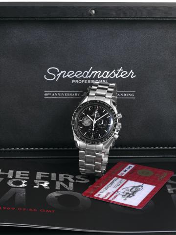 Apollo XI 40th Anniversary.Omega, Speedmaster Professional _ 02:56 GMT, No..3416/7969, case No. 77223935, Ref. 31130423001002. Made.in a limited edition of 7969 pieces in 2009 to commemorate.the 40th Anniversary of Apollo 11, sold on December, 2009..Fine 