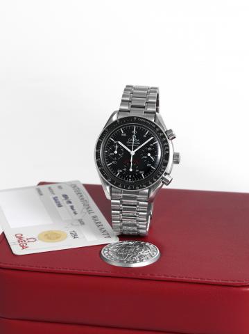 AC Milan.Omega, Speedmaster, Automatic, 1899-1999, No..0887/1999, case No. 56812418, Ref. SU 175.0039. Made in.a limited edition of 1999 examples in 1999 to commemorate.the 100th anniversary of AC Milan football club..Fine and rare, asymmetric, self-windi