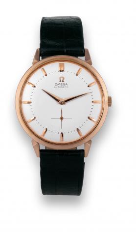 OMEGA, Automatic.Omega, Automatic, movement No..14218789, case No. 11352369, Ref..2714. Made in the 1954..Fine and rare, large, self-winding with.bumper rotor, 18K pink gold wristwatch.with honeycomb dial.