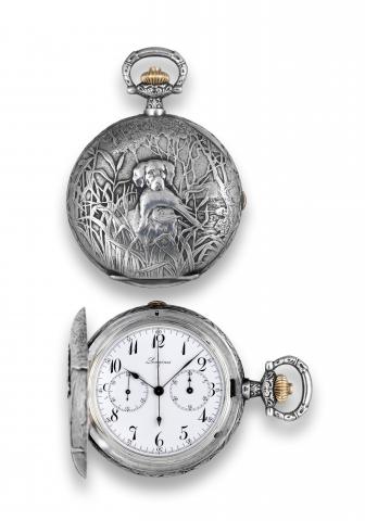 Longines _ Cronografo Contador _ Hunting Scene.Longines, Cronografo Contador, Swiss, No. 2403541. Made circa 1915..Fine, keyless, silver, hunting cased pocket watch with chronograph, instantaneous 30-minute register and decorated case..To be sold without 