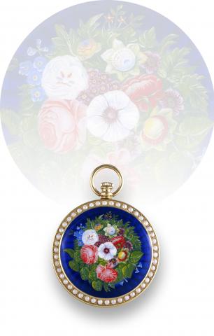 Longines Flower Bouquet.Numa Watch (Longines), Swiss, Ref. 9047. Made in the.antique Chinese market style in the 1970s..Very fine, 18K gold, painted on enamel and pearl-set keyless.pocket watch. Accompanied by Longines box