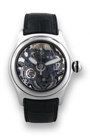 Corum Bubble - Skeleton.Corum, Bubble Skeleton, case No. 1736168, Ref. 082.130.20. Made in a limited edition in 2005..Fine and unusual, large and curved, skeletonized, center seconds, self-winding, water-resistant, stainless steel.wristwatch with a thick 