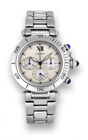 Cartier Pasha Chronograph.Cartier, Swiss, Pasha, case No..CO46302, Ref. 1050 1. Made in the.1990s..Fine, water-resistant, stainless steel.quartz wristwatch with round button.chronograph, registers, date and a.stainless steel Cartier link bracelet with.con