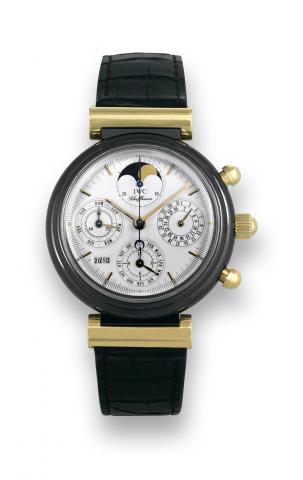 IWC Yellow Gold and Ceramic Da Vinci.IWC, (International Watch Co.), Schaffhausen, Da Vinci.movement No. 2411617, case No. 2389328, Ref. 3755. Sold.on February 17th, 1987..Very fine and rare, self-winding, water-resistant, 18K yellow.gold and ceramic wris
