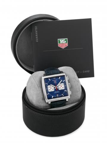 Tag Heuer Monaco Chronograph.Tag Heuer, Monaco, Automatic, Chronograph, case.No. QD2213, Ref. CW2113. Sold on August 10th, 2002..Fine and unusual, square convex, self-winding, waterresistant.stainless steel wristwatch with square button.chronograph, regis