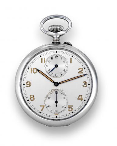 Longines Steel Alarm Watch.Longines, movement No. 8197336, Ref. 3217. Made circa 1920..Fine and unusual, stainless steel, keyless pocket watch with alarm..To be sold without reserve