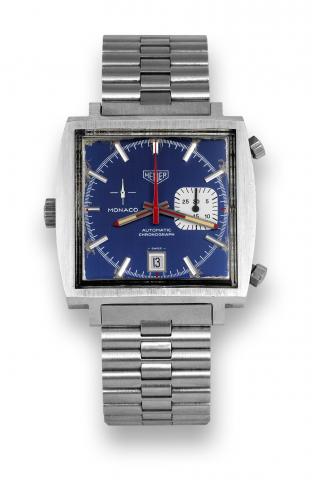 Heuer Monaco Ref. 1533b.Heuer, Monaco, Automatic, Chronograph, Ref. 1533B..Made circa 1972..Fine and unusual, square convex, self-winding, waterresistant.stainless steel wristwatch with round button.chronograph, register, date and a stainless steel Heuer.