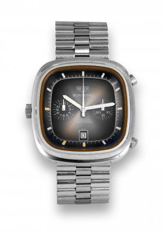 Heuer Steel Silverstone.Heuer, Silverstone, Automatic Chronograph.Ref. 110.313 F. Made circa 1974..Fine, cushion-shaped, water-resistant, antimagnetic.stainless steel wristwatch, round button.chronograph, registers, date, crown at 9 o