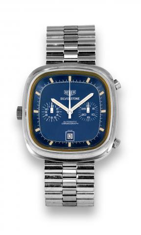Heuer Steel Silverstone.Heuer, Silverstone, Automatic Chronograph, Ref. 110.313.B. Sold on December 7th, 1974..Fine, cushion-shaped, water-resistant, antimagnetic, stainless.steel wristwatch, round button chronograph, registers, date.crown at 9 o