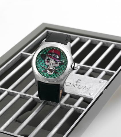 Corum Gangster _ Limited Edition.Corum, Bubble _ Gangster, No. 184/888, case.No. 1850184, Ref. 08.0001. Made in a limited series of 888.examples in 2007..Fine and unusual, large and curved, center seconds.self-winding, water-resistant stainless steel wris