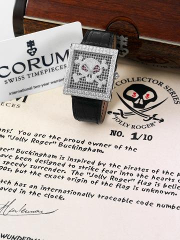 Corum _ White Gold Diamonds _ Limited Edition Jolly Roger No. 1.Corum, Buckingham Jolly Roger, No. 1, case No. 805391, Ref. 157.201.69. Made in a limited Edition of.10 pieces, circa 2006..Very fine and rare, 18K white gold and black and white diamond-se