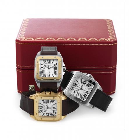 Cartier Santos 100 _ The Set Of Three.Cartier, Santos 100, Automatic 1904-2004..Made in 2004 to commemorate the 100th anniversary of the Santos wristwatch..Very fine, set of three wristwatches.