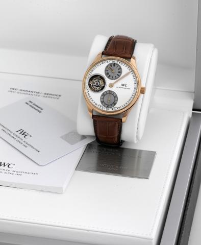 IWC - Pink Gold - Portugieser Regulateur Tourbillon - First Example At AuctIon.IWC, International Watch Co., Schaffhausen, Portugieser Regulateur Tourbillon No. 06/100, case No. 3265652, Ref. 5446. Made.in a limited edition of 100 pieces..Extremely fine a