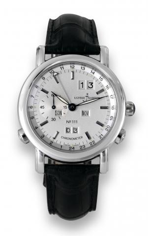 Ulysse Nardin Platinum Perpetual.Calendar GMT _ Limited Edition.Ulysse Nardin, Perpetual Calendar- GMT Chronometer.No. 111/500, Ref. 329-80. Made in a limited edition of 500.pieces in 2003..Very fine, self-winding, water-resistant, two time zone.platinum 