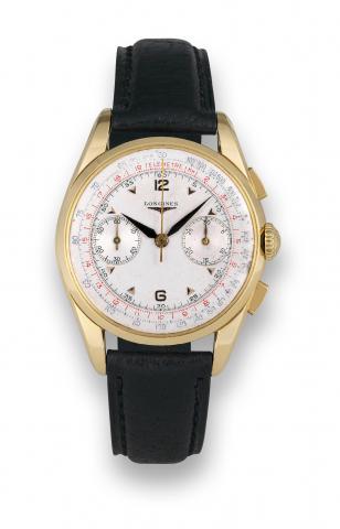 Longines Caliber 30Ch Gold flyback.Chronograph.Longines, movement No. 10039186, case No. 6595 6 56..Made in the 1950s..Fine and rare, 18K yellow gold, antimagnetic wristwatch with.square button fly-back chronograph, register, tachometer and.telemeter.