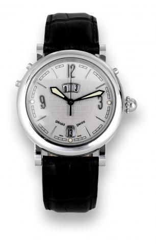 G_rald Genta _ White Gold.Backlimer.G_rald Genta, Backlimer, No..86958, Ref. G. 3806. Made in 1997 to.countdown to the Millennium..Fine and unusual, 18K white gold, selfwinding.water-resistant, center-seconds.wristwatch with date, adjustable reverse.count