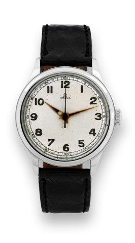 Omega Stainless Steel.Omega, No. 10164003, Ref. 2179-3. Made in the early 1950s..Fine, center seconds, water-resistant, stainless steel wristwatch with a stainless steel Omega buckle..To be sold without reserve