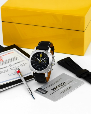 Ferrari _ Steel Chronograph.Engineered by Panerai - Fer 008.Ferrari - Engineered by Officine Panerai, Chronograph.Automatic, No. FB 076/800, case No. BB 1229815, Ref. F.6656. Made in a limited series of 800 pieces in 2007..Fine, cushion-shaped, large, wat