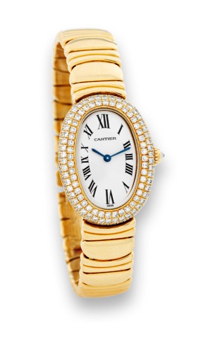 Cartier- Ladys Baignoire.Yellow Gold Diamonds.Cartier Paris, case No. 8057912, Ref. 2033. Made circa 2004..Very fine and unusual, oval, 18K yellow gold and diamond.lady's quartz wristwatch with an 18K yellow gold Cartier fancy.link bracelet with double 
