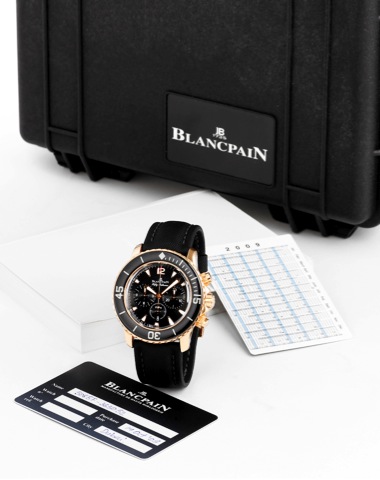 Blancpain Fifty Fathoms.Flyback Chronograph _ Pink Gold.Blancpain, Fifty Fathoms Flyback chronograph, Ref. 5085F-.3630-52, No. 263. Made in 2009, sold on October 14, 2009..Fine, 18K pink gold, antimagnetic, self-winding, waterresistant.diver