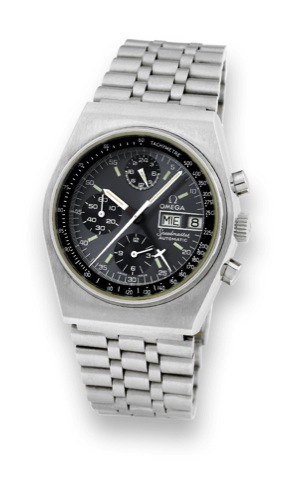 Omega Speedmaster Automatic.Omega Speedmaster Automatic, No. 39945367.Ref. 176.0016. Made in the late 1970s..Fine, tonneau-shaped, self-winding, water-resistant, stainless.steel wristwatch with day date, round button chronograph.tachometer, central 60-m