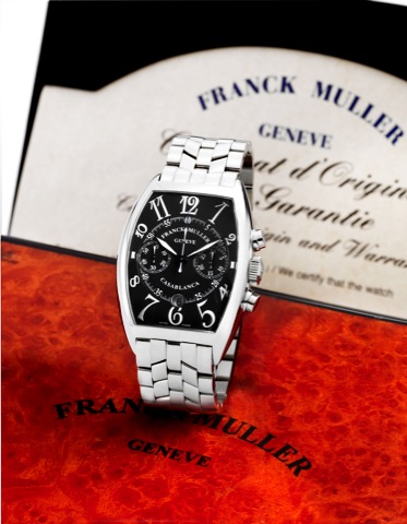 Franck Muller _ Casablanca Chronograph.Franck Muller, Geneve, Casablanca Chronograph, case.No. 1003, Ref. 8885 C CC DT. Made circa 2007..Fine, large, tonneau-shaped, self-winding, water-resistant.stainless steel wristwatch, round button chronograph.regist