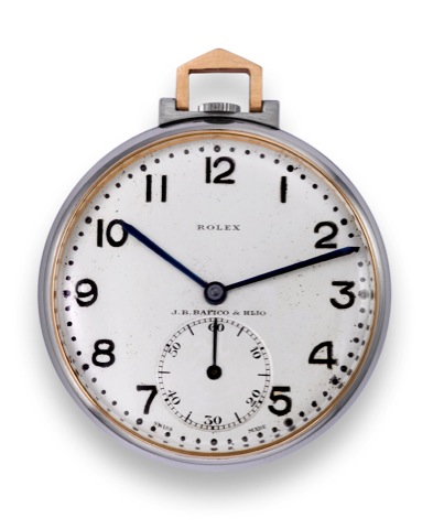 Rolex, retailed by J.B. Bafico Hijo, No. 1005503.Ref. 2439. Made circa 1930..Fine, stainless steel and gold keyless pocket watch.