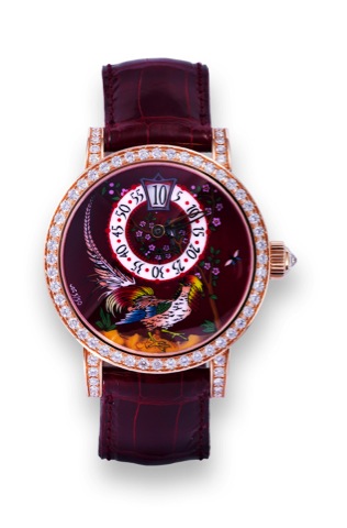 Corum Classical Chinese Pheasant _.limited edition, unique dial.Corum, Artisan Classical Chinese Pheasant, No. 5/50.No. 1724304, Ref. 254.102.85. Made in a limited edition of 50.pieces, circa 2006..Extremely fine and rare self-winding, jump-hour 18K pink 