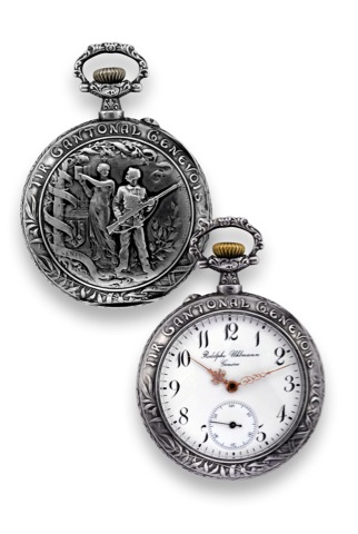 Tir Cantonal Genevois.Colombia, Geneve, retailed by Rodolphe Uhlman, No. 6894..Made circa 1900..Fine nielloed silver, openface, keyless pocket watch.commemorating the Tir Cantonal Genevois.