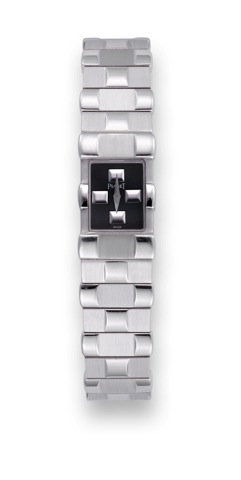 Piaget White Gold.Piaget, case No. 466697, Ref. 15281 C581. Made circa 1990..Fine, rectangular, 18K white gold lady's quartz wristwatch.with an integral 18K white gold Piaget bracelet.