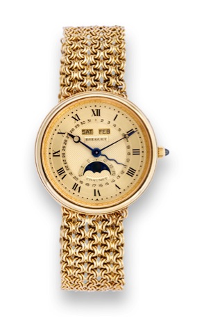 Breguet Serpentine.Breguet, retailed by Chaumet, Serpentine, Ref. 3462..Made in the 1990s..Very fine, astronomic, self-winding, 18K yellow gold.wristwatch with triple date, moon phases, age of the moon.and an 18K yellow gold integrated Breguet bracelet.