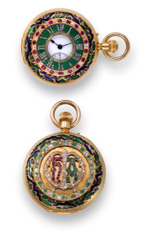 Thistles and Ribbons.Hunt Roskell, 15 New Bond St., London, No. 12524. The.case by Alfred Stram with London hallmarks for 1869..Very fine, half hunting-cased, keyless, ruby, emerald and rose.diamond-set, 18K yellow gold and enamel pocket watch.made for 