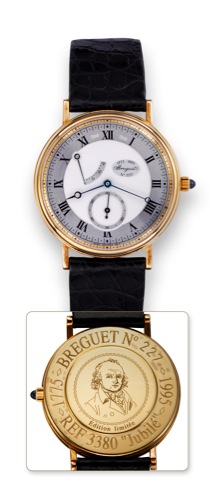 Breguet Ref. 3380, limited edition Jubile.Breguet, No. 227, Ref. 3380, Jubil_ 1775-1995. Made in a.limited edition in 1995..Very fine, 18K yellow gold wristwatch with power-reserve and.an 18K yellow gold Breguet buckle.