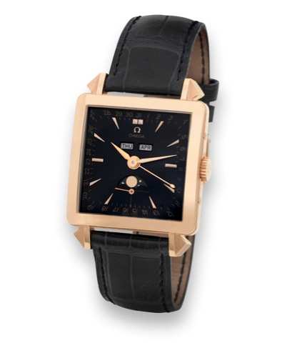 Omega 1951 Cosmic no. 1234.Omega, Cosmic, No. 1234/1951, case No. 58146759.Ref. BG 156.2001. Collector`s Series Number Two from the.Museum Collection. Made in 2001..Fine and rare, square, self-winding, water-resistant, 18K pink.gold wristwatch with triple