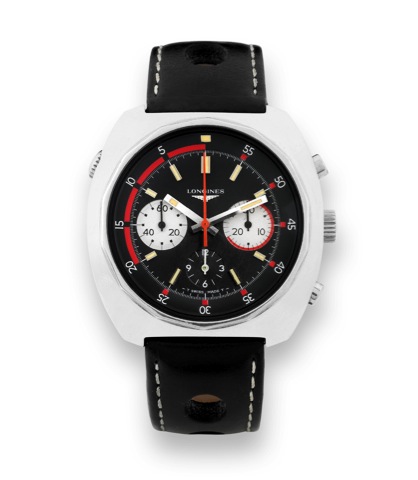Longines Diving Chronograph.Longines, Swizterland, Ref. 8224-4. Made in 1969..Fine and unusual, water-resistant, large tonneau-shaped.stainless steel wristwatch with round button chronograph and.registers. Accompanied by original Longines stainless steel.