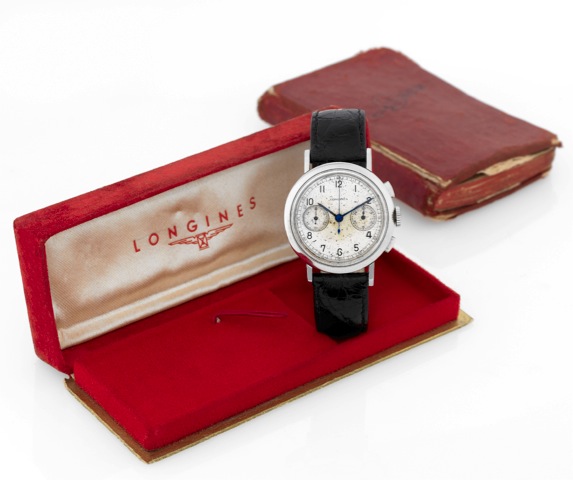 Longines - Cal. 13Zn - Steel.Flyback Chronograph.Longines, Chronograph, movement No. 5640358, case.No. 23230. Made in 1929..Fine and rare, stainless steel wristwatch with square button.fly-back chronograph, register and a stainless steel Longines.buckle. 