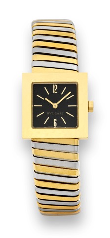Bulgari, Ref. SQ 22 2T. Made in the 1990s..Fine, square, and water-resistant 18K yellow gold lady's quartz wristwatch with an integrated stainless steel and.18K yellow gold Bulgari tubogaz bangle bracelet.