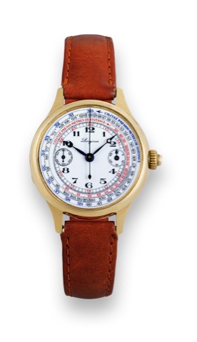 Longines Monopoussoir Chronographe 9 Grand Prix.Longines Monopoussoir Chronographe, Movement No. 4627095. Made in the 1930s..Very fine, 18K yellow gold wristwatch with single-button chronograph, register and three different tachometer.scales. Accompanied 