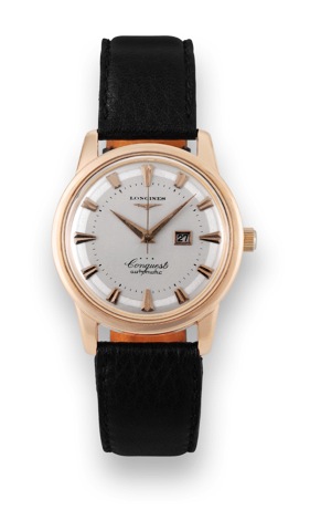 Longines Pink Gold Conquest.Longines, Conquest, Automatic, movement No. 10098219, case 9005-4, Ref. 1049. Made in the 1960s..Fine, center seconds, water resistant, self-winding, 18K pink gold wristwatch with date. Accompanied by the.original box..To be so